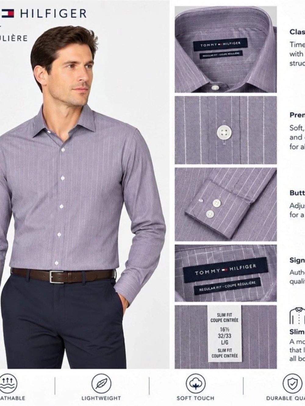 Tommy Hilfiger Regular Fit Dress Shirt Striped Cotton Dress Shirt Size Large NWT